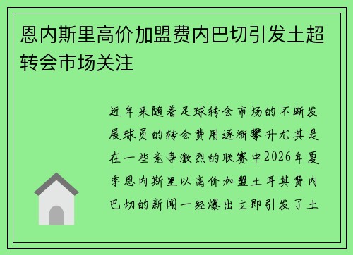 恩内斯里高价加盟费内巴切引发土超转会市场关注