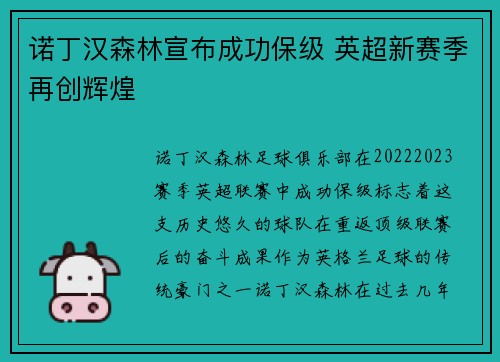 诺丁汉森林宣布成功保级 英超新赛季再创辉煌